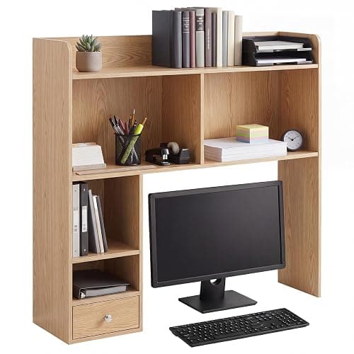 Cinnvoice Natural Desktop Bookshelf Countertop Storage Hutch with Drawer for Computer Desk 5-Tier Display Rack Multipurpose Wood Desktop Hutch Storage Organize for College Dorm Home Office Supply - Image 1