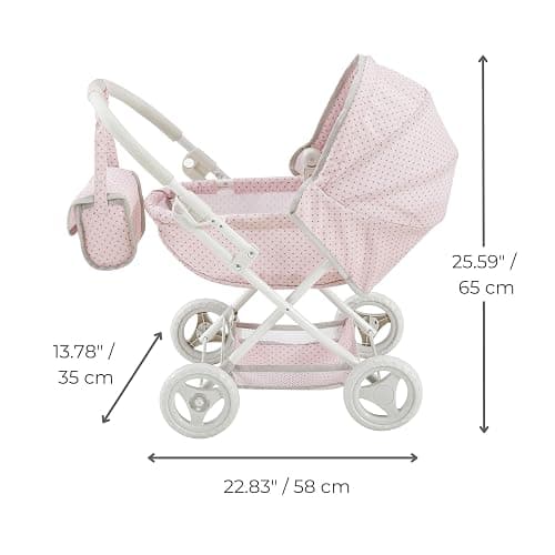 Olivia's Little World Polka Dot Princess Baby Doll Pram Stroller with Retractable Canopy & Storage, Pink thumbnail 3