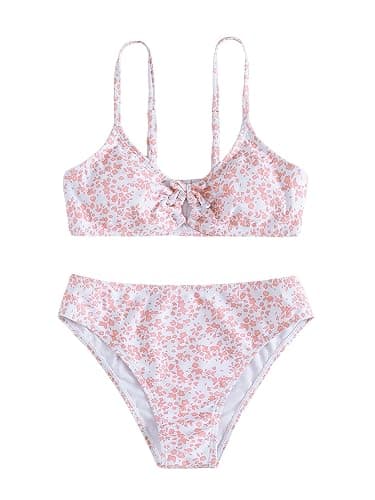 OYOANGLE Girl's 2 Piece Ditsy Floral Bikini Swimsuit Ring Linked Ruched Bathing Suit - Image 1