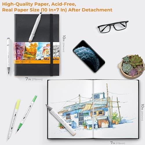 Ohuhu 10"x7" Mix Media Pad Art Sketchbook 78 Sheets for Painting Drawing | Large Sketch Book - 120 LB/200 GSM Heavyweight Paper - Hardcover Mixed Media Sketch Pad for Watercolor Acrylic Christmas Gift thumbnail 2