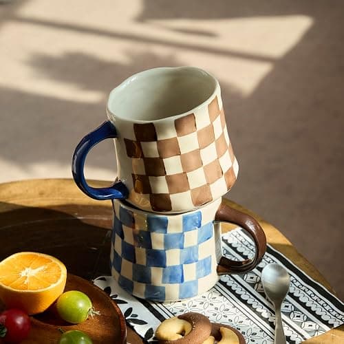 Hand-Painted Ceramic Coffee Mugs Set of 4 – 16oz Large Capacity Artistic Tea Cups with Checkerboard & Striped Patterns, Microwave & Dishwasher Safe for Home, Office, Kitchen (Summer Vibes Collection) thumbnail 5