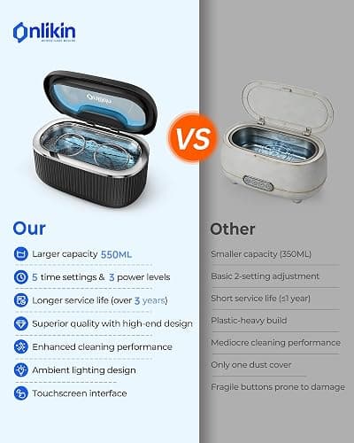 onlikin 35W Ultrasonic Jewelry Cleaner, 45KHz Retainer Cleaner for Jewelry, 5 Timer & 3 Power Modes, Eyeglasses, Rings, Watch Strap, Dentures - 20oz, 304 Stainless Steel Tank, Quiet <38dB (Black) thumbnail 2
