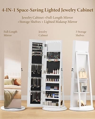FAVSH 6 LEDs Jewelry Armoire with Frameless Full-Length Mirror, White | 360° Swivel Jewelry Cabinet Standing with 3 Back Shelves, Jewelry Organizer with Storage Lockable for Women, Girl thumbnail 10