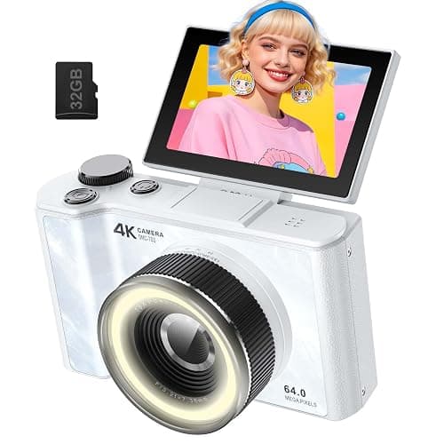W & O 4K Digital Camera for Photography,Flip Screen Digital Camera for Kids | 64MP Vlogging Camera for YouTube with SD Card,16X Zoom Autofocus,Point and Shoot digital cameras for Teens Beginner,White - Image 1
