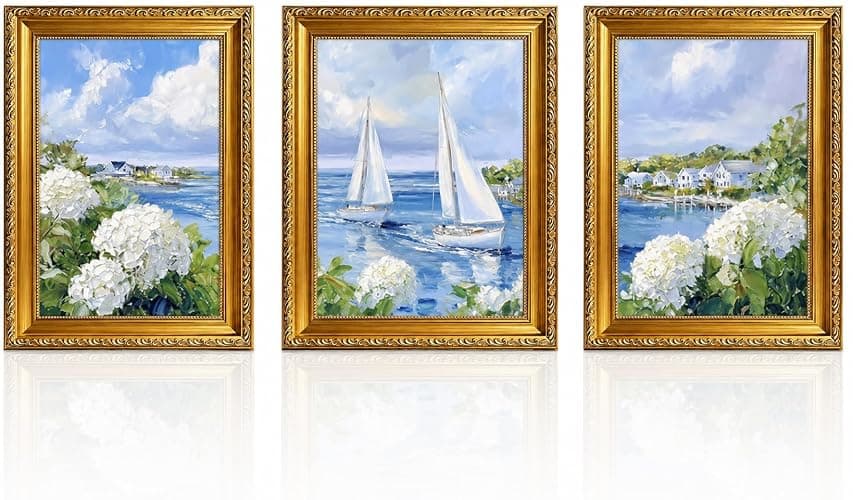 3 Piece Coastal Sailboat Wall Art, Vintage Gold Framed Decor, 12x16 inch | Coastal sailboat and hydrangea wall art set in vintage gold frames for living room, bedroom, bathroom, and office wall art - Image 1