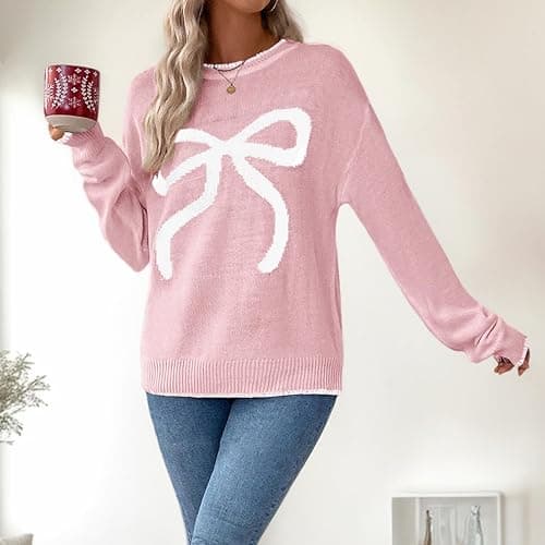 Women Bow Sweater Casual Crew Neck Long Sleeve Pullover Sweaters y2k Lightweight Knitted Jumper Tops Winter Clothing thumbnail 7