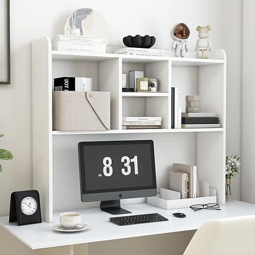 COBANA Desktop Bookshelf, Countertop Storage Hutch with 5 Shelves for Computer Desk, Desk Shelf for Top of Desk Organizer for Office Home Dorm, White - White - Image 1