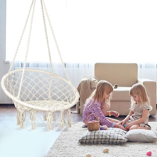 Macrame Hammock Chair Swing with Hardware Kits, Handmade Knitted Hanging Chair for Bedroom,Indoor,Outdoor, Balcony, Yard, Porch- 265 Pound Capacity -29.53" L x 29.53" W x 45.28" H thumbnail 6