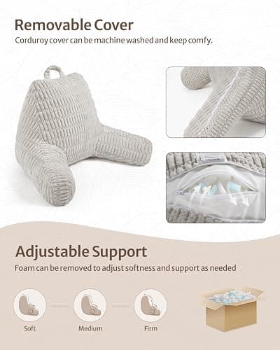 Blissful Diary Reading Pillow, Backrest Pillow with Shredded Memory Foam for Adult & Children, Designed for Bed and Couch Sitting Up, Includes Arms, Pockets and Washable Cover, Light Gray thumbnail 4