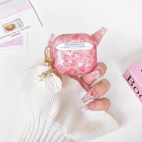 Lovmooful Compatible for AirPods 4th Case Cute Leopard Print Cool Cheetah Shell Pattern with Chain Design for Women Girls Soft TPU Shockproof Protective Cover Case for AirPods 4-Pink thumbnail 6