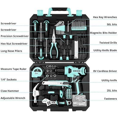 DEKOPRO 8V Cordless Drill Set: 126 Piece Tool Kit with Drill, Home Tool Set for Women, Turquoise thumbnail 2