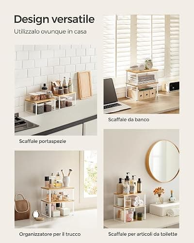 SONGMICS Scaffale Portaspezie, Set di 2 Organizzatori da Cucina Espandibili, Scaffale da Cucina Impilabile, Metallo e Legno Ingegnerizzato, Bianco Nuvola e Beige Naturale KCS02NW thumbnail 6