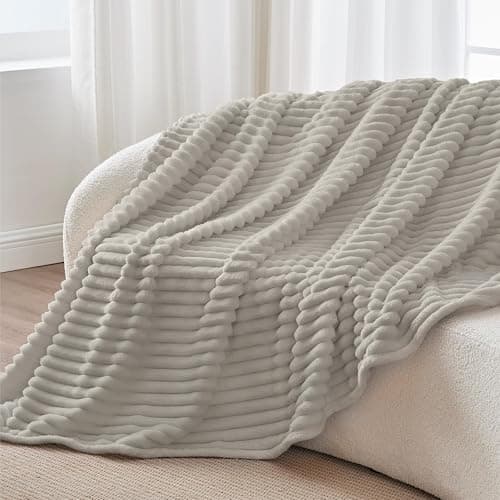 BEDELITE Fleece Throw Blanket for Couch - 300GSM Soft & Warm Fluffy Light Grey Blanket, Decorative and Giftable Striped Blankets for Women, Men, 50"x60" thumbnail 8