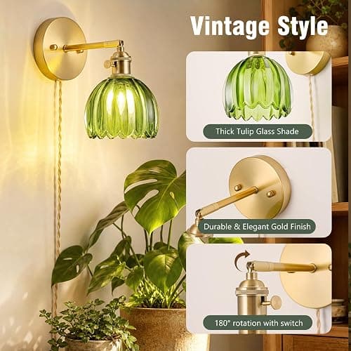 LINSEEDS Wall Mounted Grow Lights for Indoor Plants with Vintage Tulip Glass Shade, Switch and Power Cord, Decorative Hanging Plants Light for Growing thumbnail 3
