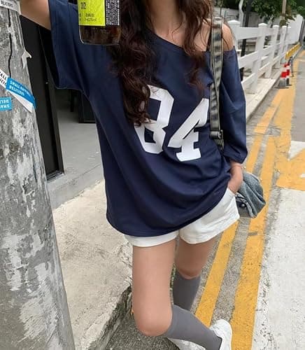 One Shoulder Oversized Tshirts Short Sleeve Y2k Baby Tees Summer Crop Top Jersey Off Shouder Graphic Tee Women - One Size - Blue thumbnail 6