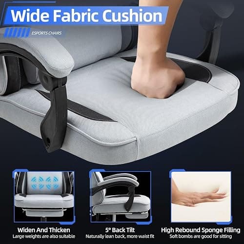 Fabric Massage Gaming Chair, Ergonomic Computer Chair, Video Game Chair, Massage Office Chair, Desk Swivel Chair, Adjustable, Reclining, Footrest, Massage Cushion, Fabric Material, Grey, New thumbnail 7