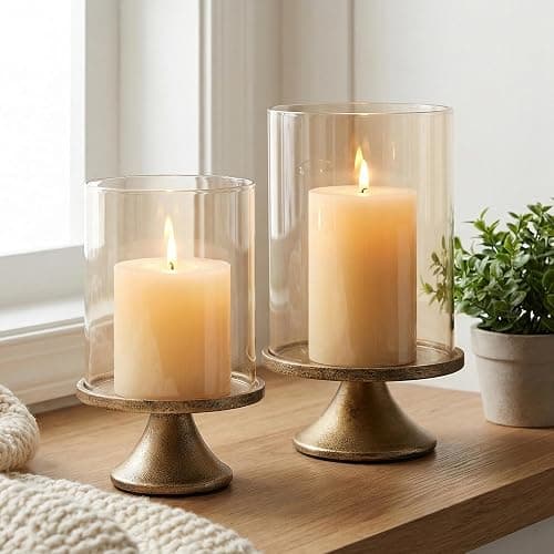 Set of 2 Hurricane Candle Holder Set with Glass Dome & Iron Base | Elegant Decorative Pillar Candle Holders for Living Room, Dining Room & Bedroom Centerpiece - Ideal Home Décor - Image 1