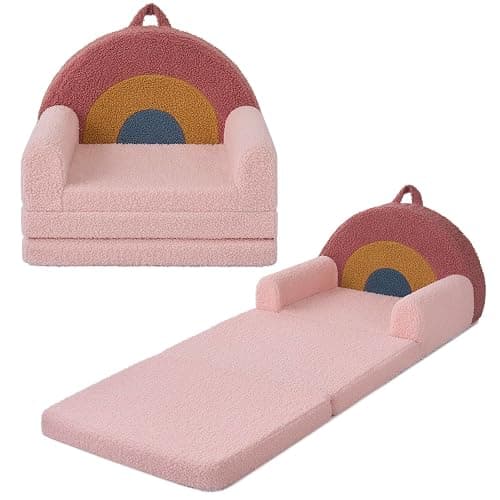 Blissful Diary Foldable Toddler Couch, 2-in-1 Comfy Toddler Chair & Lounger for Reading, Playroom, Kids Couch Sofa for Girls Boys Birthday Gift, Blush Rainbow thumbnail 2