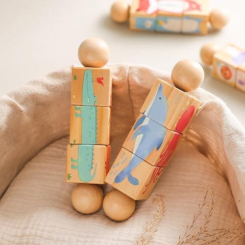Promise Babe Wooden Animal Puzzle Toy for Toddlers 1-3, Rotating Spin Twist Blocks Set of 2, Learning Educational Montessori Toy Gifts for Kids Boys Girls, Whale and Fox thumbnail 2