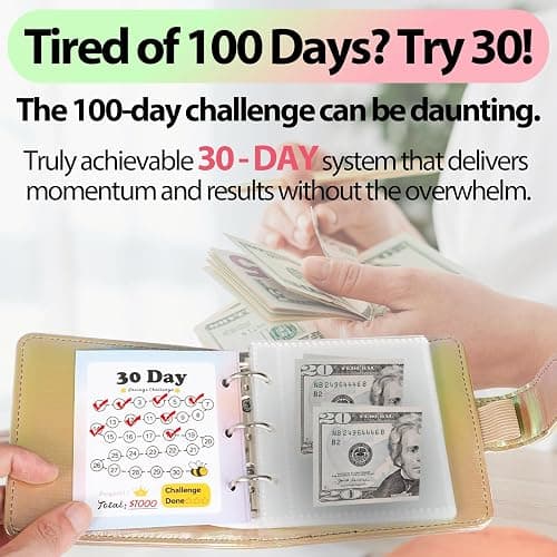 Mini Money Challenge Binder - Mother's Day Gift Save $465 / $1000 in 1 Month with 30 Cash Envelopes & Budget Tracker, PU Leather Beginner Budgeting Kit Portable Cash Saving Book thumbnail 4