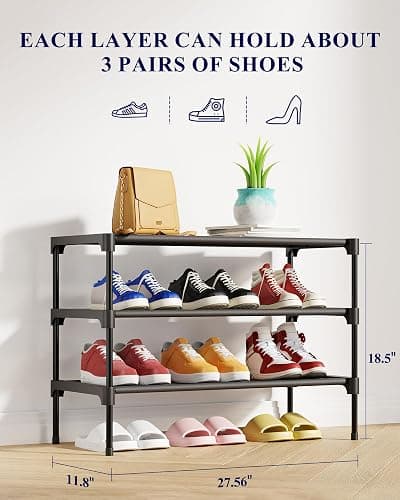 Kitsure Shoe Rack - Non-Woven Shoe Rack Shelf, Shoe Organizer for Closet, Entryway, Garage & Corridor, Stackable Shoe Shelves, 27.5" Wide - 3 Tier, Black thumbnail 3