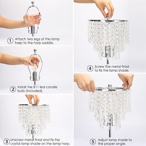 Touch Control Crystal Table Lamp with USB C+A Charging Ports, 3-Way Dimmable Bedside Touch Lamp Decorative Nightstand Lamp with Elegant Lampshade for Living Room Bedroom, B11 LED Bulb Included thumbnail 6