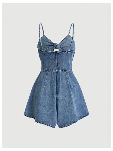 OYOANGLE Women's Vintage Bowknot Spaghetti Strap Denim Romper Sleeveless Wide Leg Jean Short Jumpsuits - X-Large - Light Wash thumbnail 2