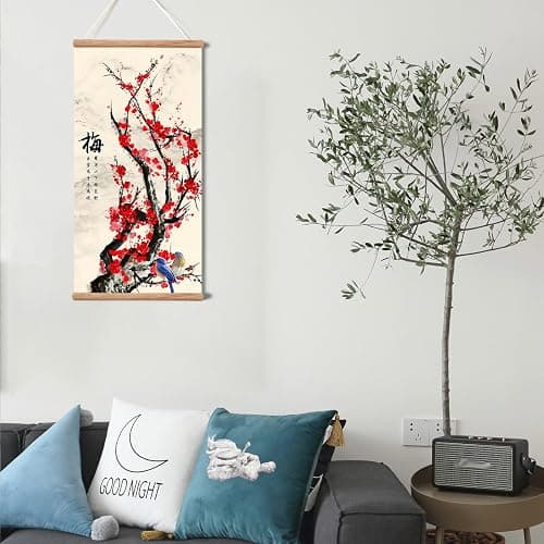 Plum Bossom Chrysanthemum Bamboo Orchid Painting ,Wall Art for Living Room Bedroom,Chinese Traditional Meticulous Painting,Posters and Printing,Fixed Wooden Hanging Scroll (Plum Blossom, 16”x32”) thumbnail 5
