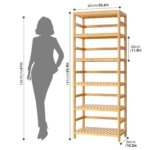 FOTOSOK 6-Tier Bamboo Shelf with Adjustable Shelves, Bamboo Kitchen Cabinet | Tall Bamboo Bookshelf and Plant Shelf with 250-lb Shelf Capacity for Laundry Bathroom Kitchen Pantry Home Office thumbnail 3