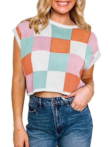 Saodimallsu Womens Cap Sleeve Crop Tops Summer Color Block Going Out Crew Neck Knit Trendy Casual Sweater thumbnail 2