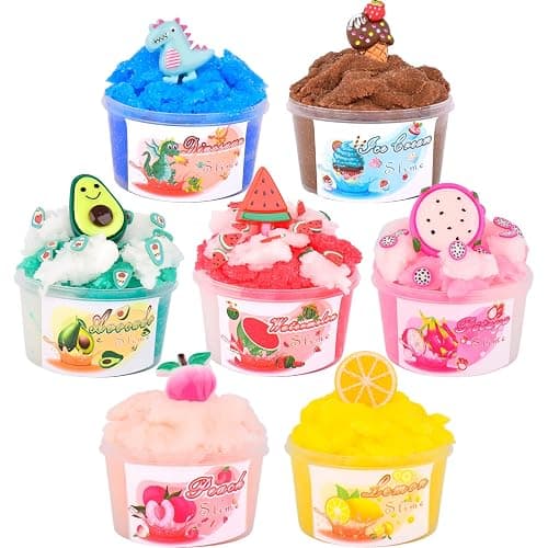 7 Pack Mini Cloud Slime Kit,With Peach Watermelon Avocado Dinosaur Slimes Charms Set,Fluffy Slime for Girls and Boys,Stress Relief Toy for Kids Education,Party Favor,Gift and Birthday thumbnail 8