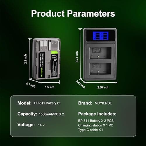 2 Pack BP-511 BP-511a Battery and Dual Slot Charger for Canon Cameras | Compatible with Canon EOS 20D 20Da 30D 5D 10D 40D 50D D60 300D Digital cameras thumbnail 6
