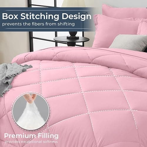 HEVUMYI Pink Queen Comforter Set - 7-Piece All Season Bed in a Bag Queen, Ultra Soft Bedding Set with Comforter, Flat Sheet, Fitted Sheet, Pillowcases, Pillow Shams, Pink thumbnail 4