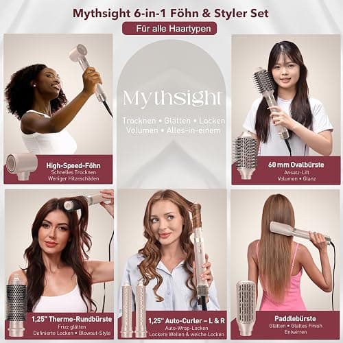 Mythsight StyleVibe Airstyler 6-in-1 mit Reisetasche, High Speed Ionen Föhn & Multifunktionaler Hairstyler, Auto-Wrap Lockenstab automatisch, Keine Hitzeschäden Warmluftbürste, Styling, Volumisieren thumbnail 2