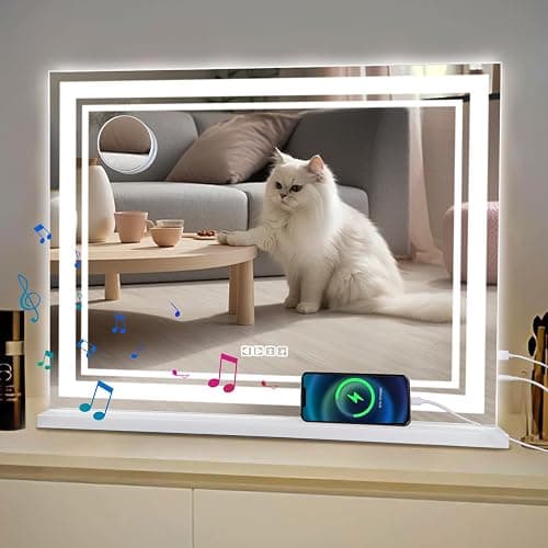 MKupView 27.6"X21.7" Wall-Mounted Mirror Large Vanity Mirror with LED Lights & Play Music Vanity Mirror Touch Screen with 3-Color Lighting Memory Function USB Charging & Magnifying Glass - 21.7"L x 27.6"W thumbnail 9