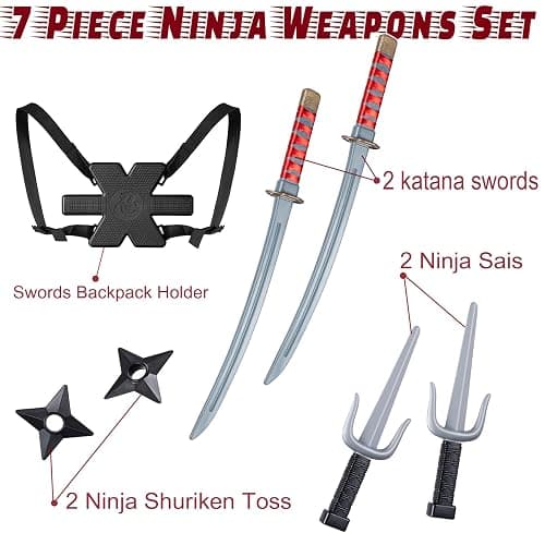 Ninja Kids Toys, Ninja Swords and Weapons Backpack Toy Set for Boys | Katana Swords, Sais, Shuriken Toss and Holder for Ninja Costume, Halloween Costume, Cosplay Parties, Role Play thumbnail 5