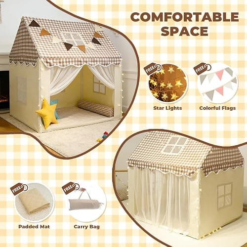 RONGFA Playhouse for Indoor & Outdoor, with Star Light, Flags and Carry Bag, Washable Kids Tent for Girls & Boys (Lattice Top) thumbnail 2