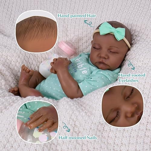 Aori Lifelike Reborn Baby Dolls Black - 18-Inch Realistic Newborn Baby Dolls Black American Real Life Babies Dolls Cloth Body with Feeding Kit & Gift Box for Kids Age 3+ thumbnail 3