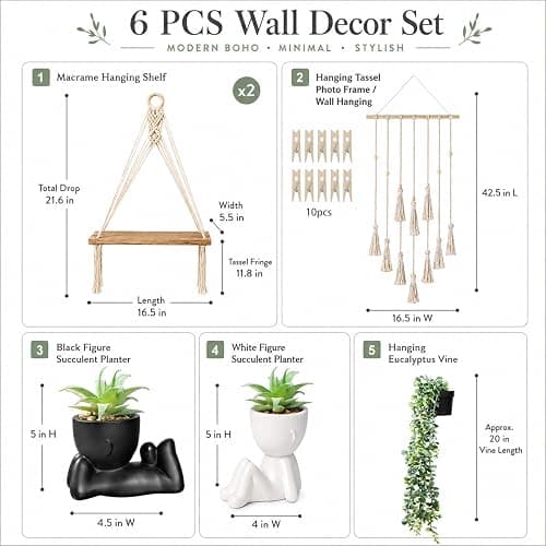 EASLIV Boho Wall Decor Set of 6, Aesthetic Room Shelf Wall Decor Indoor | 2 Pack Hanging Shelves + Hanging Photo Display with 10 Clips + 1Pcs Fake Hanging Eucalyptus + 2Pcs Fake Succulents Plants thumbnail 2