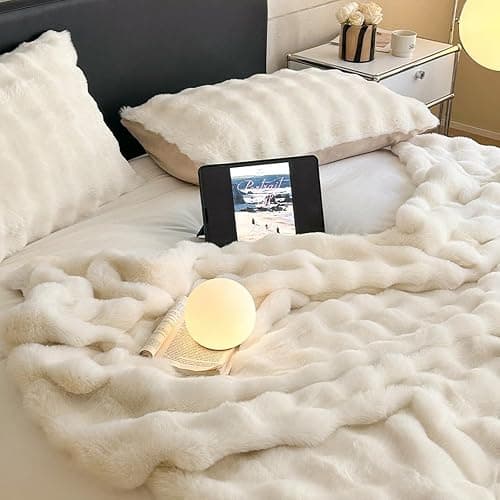 DREAMLANDING Faux Rabbit Fur Luxury Plush Sherpa Throw Blanket Reversible Fuzzy Warm Cozy Fluffy Fur Blanket for Bed Sofa Couch Home Decor (Cream, 130 * 150cm) thumbnail 2