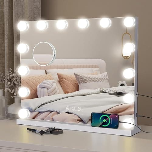eklipt Hollywood Vanity Mirror with Lights, 50×42cm Large Lighted Makeup Mirror with 14 Dimmable LED Bulbs, Touchscreen Control, USB Output Port Tabletop or Wall Mounted Light Up Mirror For Bedroom - 50 X 12 X 42 Cm - Image 1
