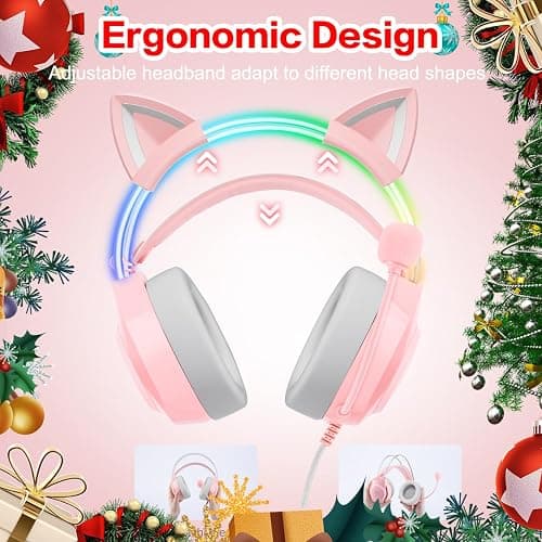 ONITOON Gaming Headset with Microphone, Cat Ear Headphones for PC Laptop PS4 PS5 Xbox Switch, Rainbow RGB Lighting & Virtual Surround Sound, 3.5mm Wired Over Ear Headphones, Ergonomic thumbnail 4
