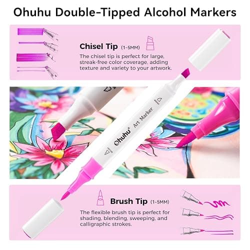 Ohuhu Alcohol Markers Brush Tip - Double Tipped Markers for Artist Adult Coloring Sketching - 48-color Art Marker Set for Fashion Cartoon Animation Illustration Design - Brush Chisel Dual Tips thumbnail 2
