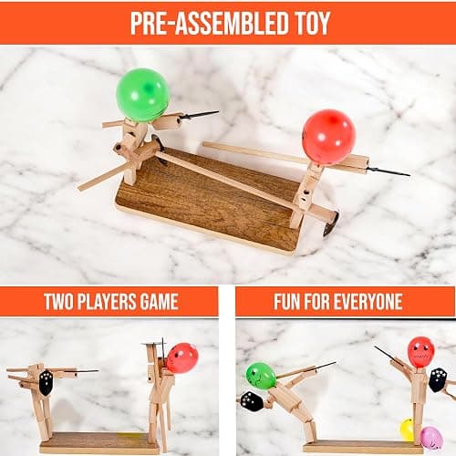 Handmade Wooden Fencing Puppets Toys , Whack A Balloon Strategy Board Game,Balloon Bamboo Man Battle Pre Assembled, Challenge Friends , Game Night Favorite ,Party Games for Groups (with 200 Balloons) thumbnail 3