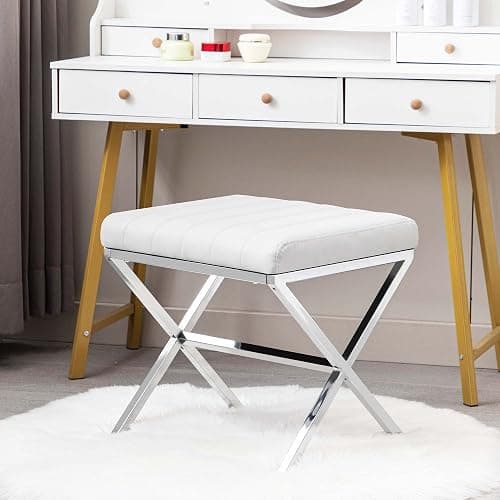DUHOME Vanity Stool,Modern PU Leather Ottoman Stool Chair for Vanity,Vanity Bench with Metal X Legs, Rectangle Makeup Stool Padded Foot Rest Stool for Makeup Room, Living Room, Bathroom,White - White thumbnail 7