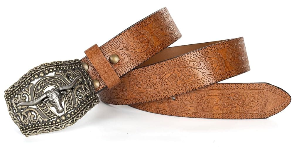 HinyBoeh Western-PU-Leather-Belts for Men and Women Cowboy-Cowgirl Longhorn-Bull-Pattern-Engraved-Buckle-Belt for Unisex thumbnail 6