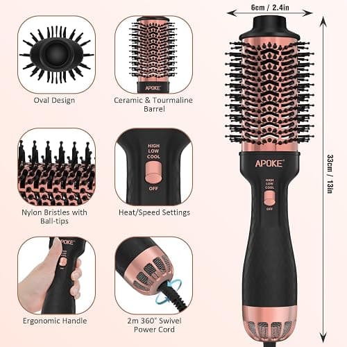 APOKE One Step Hair Dryer Brush Hot Air Stylers and Volumizer, Lightweight Hairdryer Heated Air Brush for Drying Straightening Curling Volumizing Hair (Bright Black) - Bright Black thumbnail 6