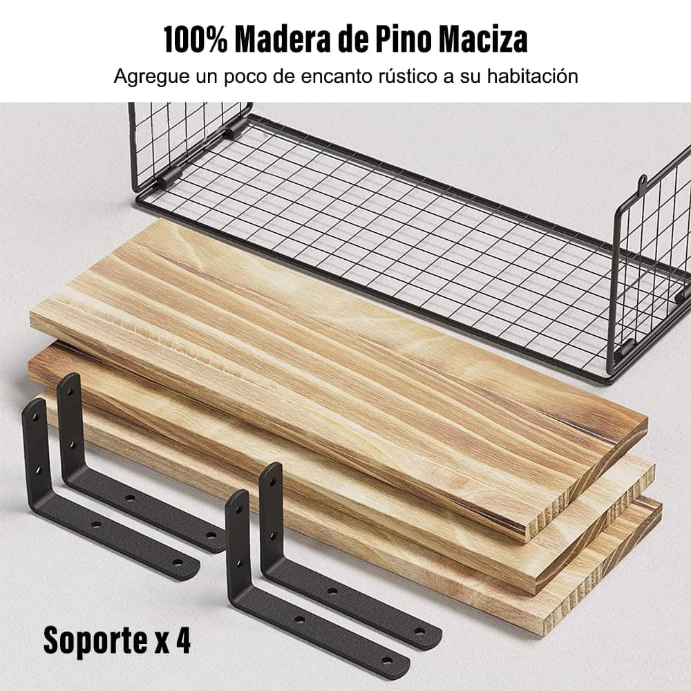HAWOO Repisas Flotantes, 3PCS Repisas para Baño con Cesta de Alambre, Recamara, Cocina, Sala, Fáciles de Instalar, 40x15.2 CM (Madera) thumbnail 7