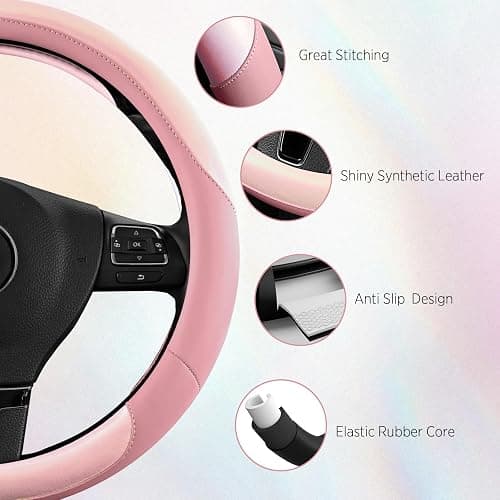Road Comforts Steering Wheel Cover – Breathable Leather Steering Wheel Cover, Anti-Slip Grip, Universal Fit 14.5” to 15”, Heat & Cold Resistant for Cars, SUVs, and Trucks – Shining Pink & Pink thumbnail 5
