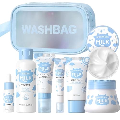 Milk Skin Care Sets&Kits, Milk Skincare Set, Beauty Gift Sets for Teenage Girls, Skincare Set with serum, toner, cleanser, eye cream, sunscreen, brightenng cream, exfoliating scrub, washbag (8pcs) - Image 1